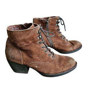 Born Vilma Womens Brown Suede Lace-Up Ankle Boots Side Zip Stacked Heel Size 9.5